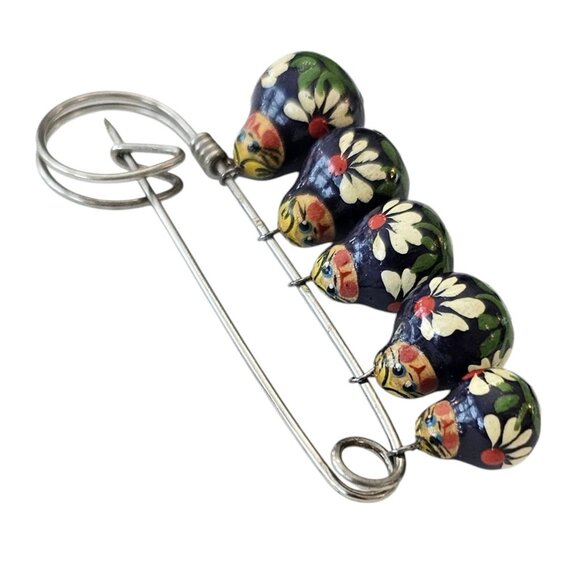 Blue Russian Doll Brooch Five Dangles Bar Pin, J28 - Picture 4 of 11